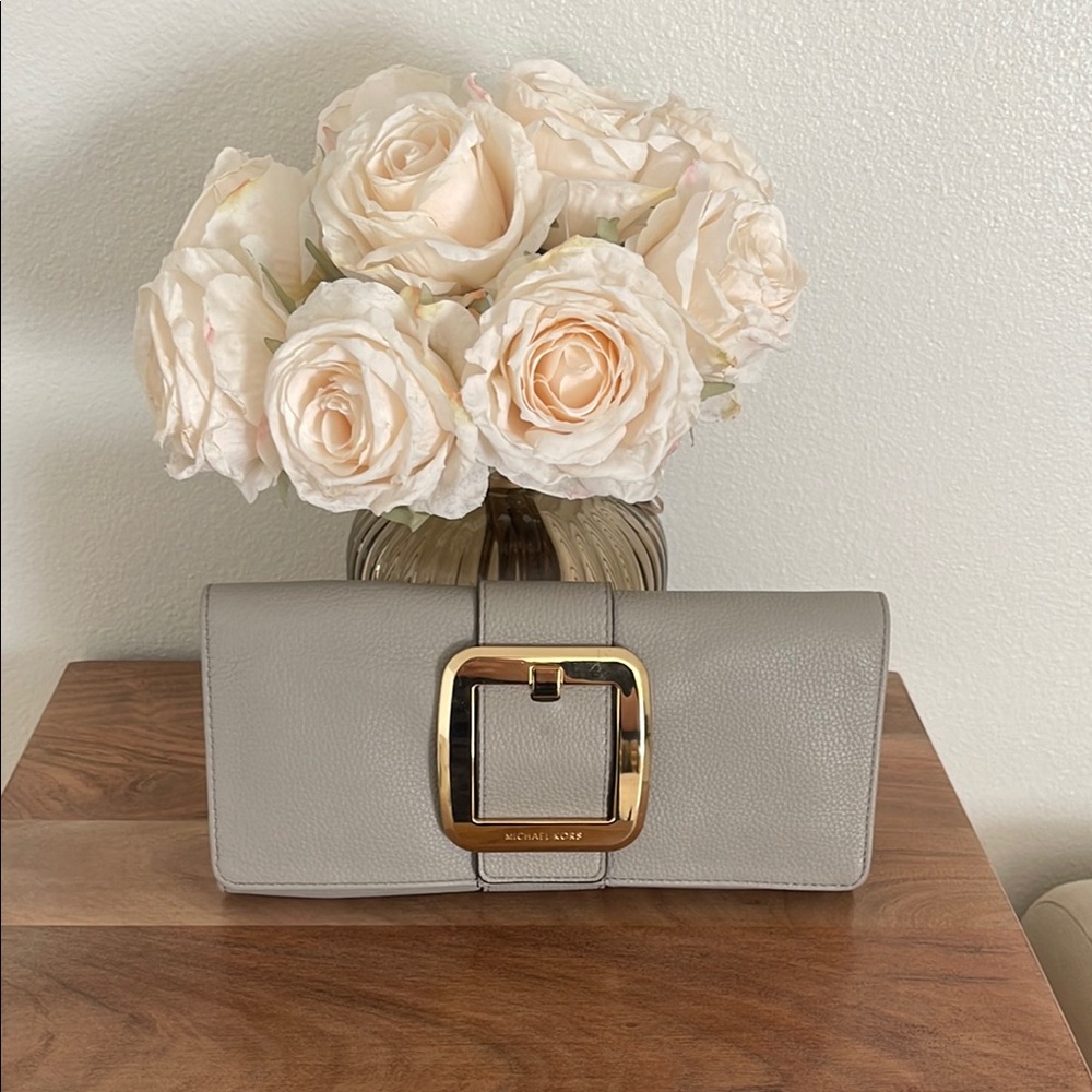 EUC Michael Kors Gray Clutch with Gold Buckle